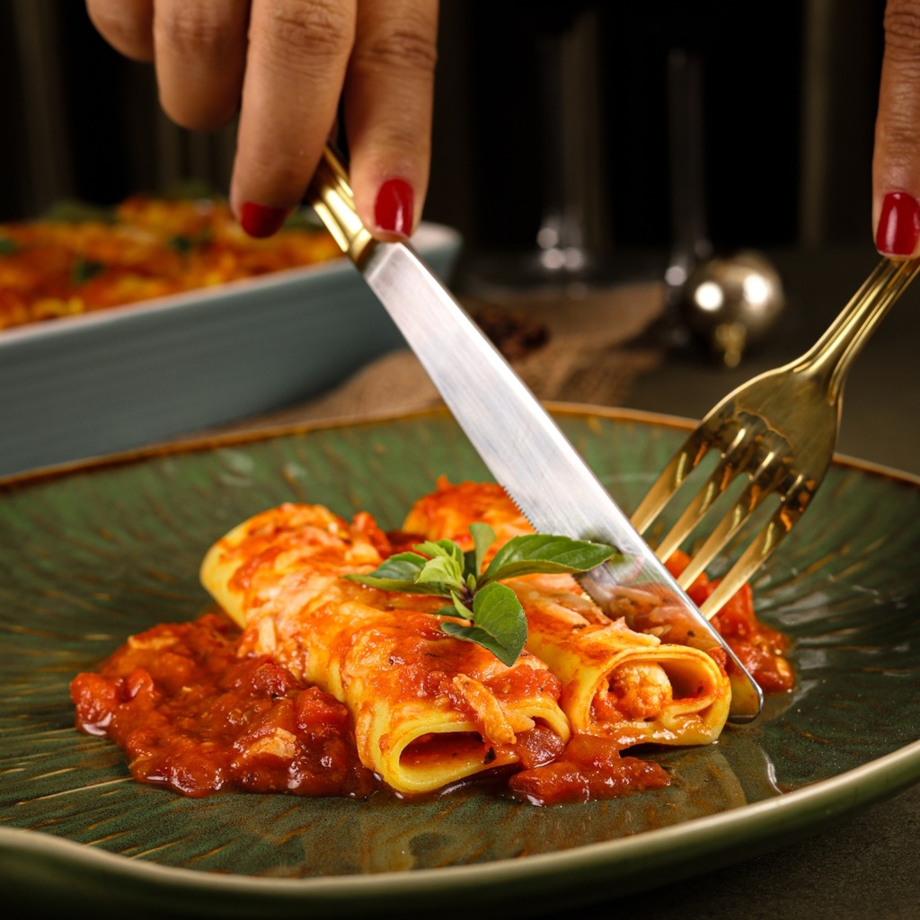 CANELONI DE FRANGO AO MOLHO BRANCO